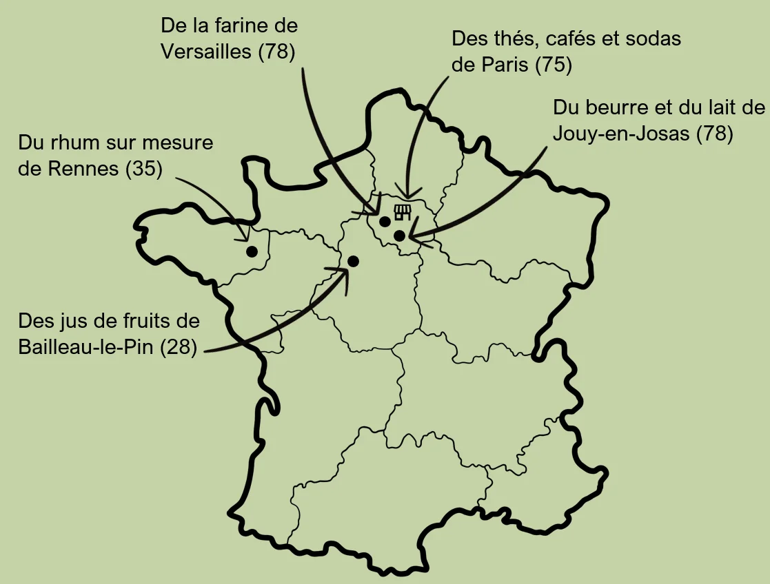 Carte de France de la provenance des ingrédients : farine de Versailles, beurre et lait de Jouy-en-Josas, thés, cafés et sodas de Paris, rhum de Rennes, jus de fruits de Bailleau-le-Pin